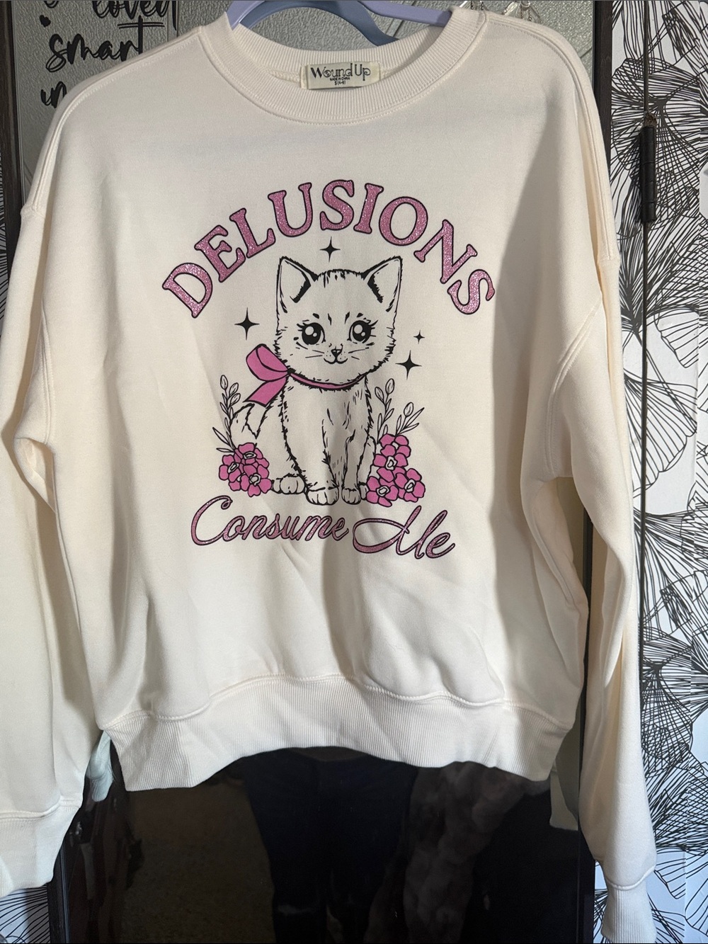 Wound Up Cream Crewneck Sweatshirt with Pink Kitten Graphic